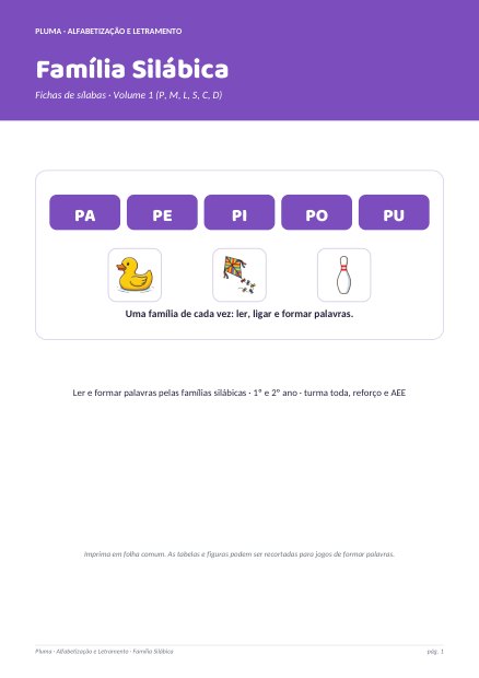 Prévia: Família Silábica: Fichas Volume 1 (P, M, L, S, C, D)