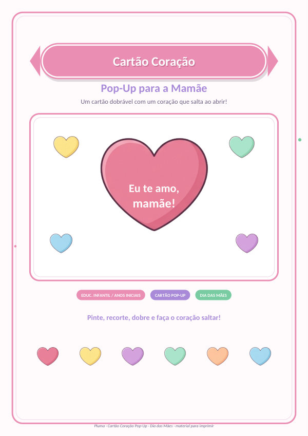 Cartão Coração Pop-Up do Dia das Mães (colorir e montar)