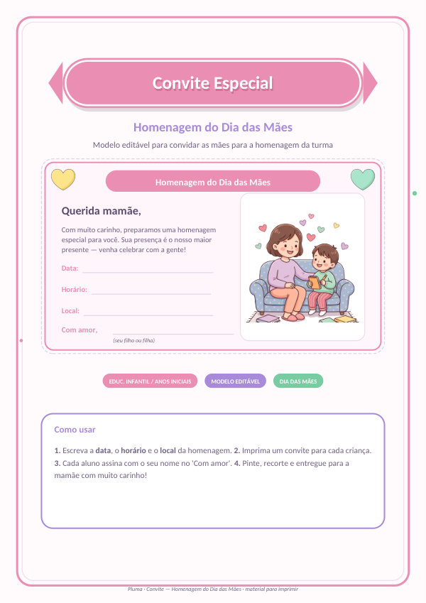 Convite de Homenagem do Dia das Mães (modelo editável)