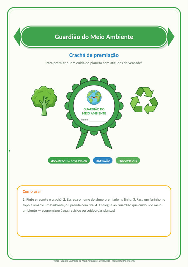 Crachá Guardião do Meio Ambiente (para colorir e recortar)