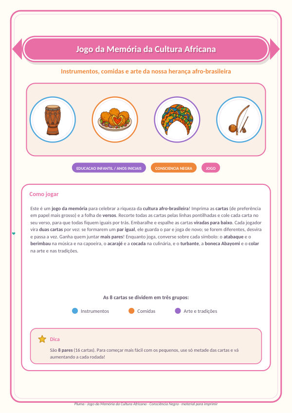 Jogo da Memória da Cultura Africana (8 pares, com versos)