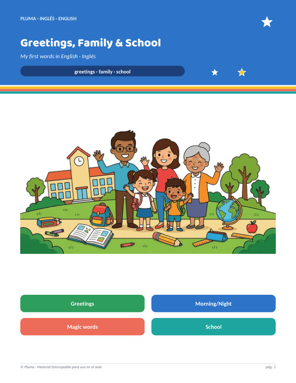 Vista previa: Saludos, Familia y Escuela en Inglés