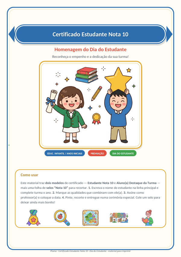 Prévia: Certificado Estudante Nota 10 (2 modelos + folha de selos)